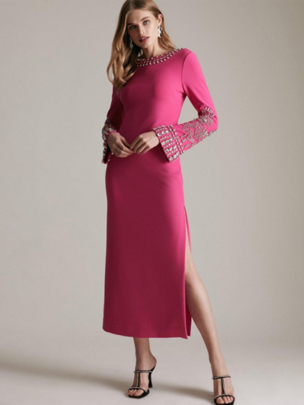 Karen Millen Fuchsia Long Sleeve Embellished Cuff Gown